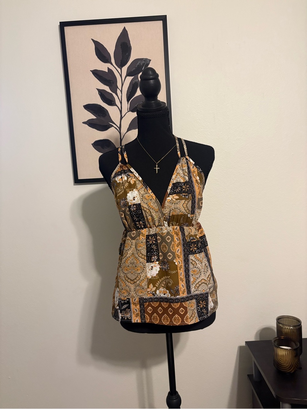 SHEIN Patchwork V-Neck Cami Top - Brown & Cream